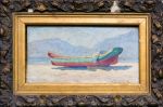 VIRGÍLIO LOPES RODRIGUES. "Marinha com barco", óleo s/madeira, 13 x 26 cm.