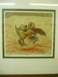 A.KUBOTIA. "Rinha de galos", aquarela, 15 x 16,5 cm. Assinado e datado , 56.Emoldurado com vidro.