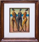HECTOR BERNABÓ CARYBÉ. "Três figuras", óleo s/tela, 40 x 30 cm. Assinado e datado frente e verso, 81. Acompanha expertise da viúva do artista, Nancy Bernabó.
