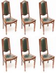 Seis cadeiras em madeira nobre estofadas em couro verde com tacheados.