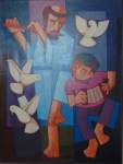 DAVID DA COSTA. " São Francisco com criança", acrílico s / tela , 80 x 60 cm. Assinado