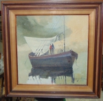 SANSÃO PEREIRA." Marinha com pescadores ", óleo s/ tela de juta , 50 x 50 cm. Assinado no cid