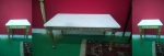 Conjunto de mesa de centro e par de mesas laterais em madeira nobre, patinada à ouro. Tampo de mármore. Medidas mesa 38 x 80 x 45 cm  laterais 53 x 40 x 40 cm.