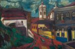 IVAN MARQUETTI, "Casa com pano na janela e igreja do Pilar", óleo s/madeira, 52 x 79 cm. Assinado, datado e localizado , Ouro Preto, 1962.