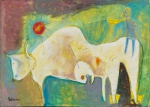 EDILEUSA . "Composição com touro", óleo s/cartão colado em eucatex, 35 x 50 cm. Assinado no cie. Sem moldura.