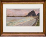 HENRIQUE BERNADELLI. "Paisagem iconografica do Rio de Janeiro", óleo s/tela, 18 x 53 cm. Assinado no cid.