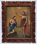 ESCOLA DE QUITO." São João Batista batizando Cristo", oleo sobre tela, medindo 59 x 77 cm.