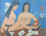 P.P.L. (PAULO PEDRO LEAL). "Duas mulheres", óleo s/eucatex, 52 x 64 cm.(necessitando restauro). Assinado no cid.