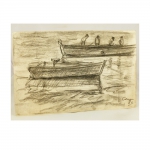 CARU. "Marinha com barcos e pescadores", desenho a crayon, 21 x 29,5 cm. Assinado e datado no cid, 82