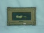 JEAN JACQUES HENNER. "Nú feminino deitado", óleo s/madeira, 15 x 34 cm. Moldura 30 x 48 cm