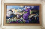 MANOEL COSTA. "Floristas", óleo s/tela, 70 x 130 cm. Assinado no cid e no verso datado, 2007. emoldurado, 111 x 162 cm