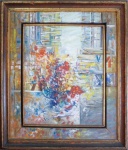 BENJAMIN SILVA. "Flores no terraço", óleo s/tela, 70 x 62 cm. Assinado frente e verso, datado1981. Emoldurado, 84 x 74 cm