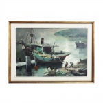DURVAL PEREIRA. " Barcos atracado", óleo s/tela, 87 x 129 cm. Assinado. Emoldurado, 110 x 152 cm