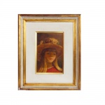 ROBERTO DE SOUZA. "Menina com chapéu", óleo s/eucatex, 32 x 21 cm. Assinado no cid. Emoldurado, 61 x 50 cm