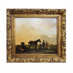ESCOLA DE GEORGE STUBS. "Gentleman com grupo", óleo s/madeira, 52 x 60 cm. Vestígios de assinatura no cid. Século XIX.Emoldurado, 77 x 84 cm