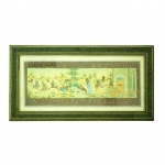 Antiga pintura persa em placa representando Cenas do cotidiano, paspatur  e moldura pintados a mão (moldura com pequenos defeitos). Emoldurado com vidro. Medidas: placa 13 x 50 cm , total  34 x 66 cm