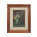 ASS. NÃO IDENTIFICADA. "Vaso com flores e taça", óleo s/tela colada em madeira, 34 x 24 cm. Assinado no cid.