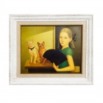 ADILSON SANTOS. "Menina com leque e gatos",óleo s/mdf, 66 x 80 cm. Assinado e datado no cid, 2003. Emoldurado, 96 x 101 cm.