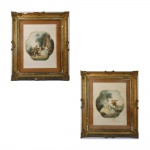 Par de antigas gravuras francesas com cena romântica, medindo 40 x 50 cm. Emolduradas, 63 x 52 cm.