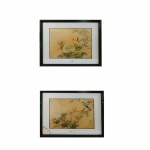 Dois quadros japoneses. "Pássaros com flores", pintura em seda,  30 x 38 cm. Emoldurados com vidro, 46 x 53 cm ( no estado).