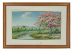 FUNCHAL GARCIA (1889/1979) - "Paisagem com rio e flamboyant"- ost, medindo 26cm x 46cm. Assinado no CID. Emoldurado, 63 x 43 cm