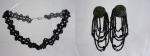 Bijuteria - Conjunto de par de brincos e gargantilha em miçangas pretas, sendo que o brinco feito com tecido verde em formato de flor e miçangas caídas, medindo 10 cm de comprimento e a gargantilha, medindo 2cm.