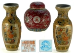 Par de vasos, 16cm; e potiche, porcelana oriental, marcas da manufatura no verso da base, muito bem conservados.