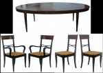 Sala de jantar em estilo inglês: mesa, 8 cadeiras, 2 com braços, encostos vazados e assentos estofados. Medidas : 80x80x150cm.