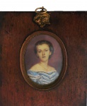 Miniatura pintada sobre celulose com figura de Dama, 6,5 x 5 cm.Emoldurado, 11 x 10 cm