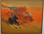FUKUSHIMA, Tikashi - "Abstração", óleo sobre tela, assinado no CID, med. 158 x 199 cm, med. com moldura 165 x 206 cm. Estado de conservação razoável (craquelado). (patrimônio 133907, 13º andar)