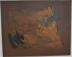FUKUSHIMA, Tikashi - "Abstração em Ocre", óleo sobre tela, assinado no CID, med. 80 x 100 cm, cachê da Galeria Ipanema. Estado de conservação razoável (craquelado). (patrimônio 20047, 12º andar)