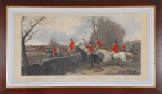 Gravura inglesa colorida. "Foz Hunting Plate 4", 60 x 117 cm. Engraved by J.Harris, painted  by J.F.Henrris. Emoldurado com vidro, 83 x 140 cm. Patrimônio 20097, estado de conservação razoável.