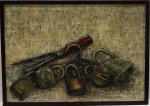 L. LARA - "Chave e Cadeados", OST, assinado CID, med. 50 x 71 cm, com moldura 54 x 75 cm. Patrimônio 26160. Estado de conservação razoável (tela furada)