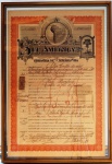 Documento emoldurado - Apólice de Seguro de Vida 15/06/1904, med. 46 x 31 cm, com moldura 50 x 36 cm. Estado de conservação bom