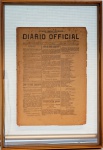 Documento emoldurado -Diário Official, med. 33 x 24 cm, com moldura 50 x 35 cm. Estado de conservação razoável (papel com fungos)
