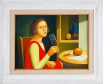 ADILSON SANTOS. "Menina bebendo vinho", ost, medindo 81 x 61 cm. Assinado e datado.
