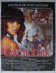 Cartaz para divulgação do filme "Gwendoline" (título original), com marcas do tempo e de dobras, medindo 154 cm x 116 cm