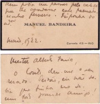 Cartão de Manoel Bandeira (poeta, critico literário e professor) a Alberto Faria, datado de 5/1933, falando sobre "não saber que tinha nele um tão grande amigo"...