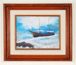 GILDEMBERG . "Marinha com barco", óleo s/Eucatex med.  20 x 27 cm. Assinado e datado no cid. Emoldurado med. 41 x 48 cm