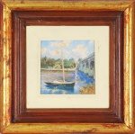 R. BOUNIER . D'APRES MONET. "Pont d'Argenteuil", óleo s/tela med. 11 x 11 cm. Assinado no verso. Emoldurado med. 27 x 27 cm.