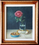 SEM ASSINATURA. "Natureza morta com rosa", óleo s/eucatex, 25 x 21 cm. Emoldurado, 36 x 31 cm.