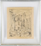 FRANK SHAFFER. "Casas",  gravura, 24 x 20 cm. Assinado e dedicatória com próprio punho  do artista, datado, Paris, 1942.