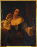 ESCOLA EUROPÉIA. "Mulher com espelho", óleo s/tela, 121 x 98 cm. (necessita restauro). Sem assinatura. Emoldurado, 126 x 103 cm.