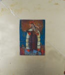 ESCOLA CUZQUENHA. "Nossa Senhora com Menino Jesus", pintura a óleo s/chapa de metal, med. 35 cm  x 25 cm. Chapa aplicada sobre vidro dourado (vidro quebrado), med. 75 cm x 66 cm.