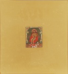 ESCOLA CUZQUENHA. "Cristo", pintura a óleo s/chapa de metal, med. 12 cm  x 9,5 cm. Chapa aplicada sobre vidro dourado ( pequeno bicado), med. 42 cm x 39 cm.