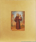 ESCOLA CUZQUENHA. "Santo Antonio", pintura a óleo s/chapa de metal, med. 35 cm x 24 cm. Chapa aplicada sobre vidro dourado, med. 75 cm  x 64 cm.