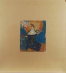 ESCOLA CUZQUENHA. "Santa ", pintura a óleo s/chapa de metal,med. 30 cm x 25 cm. Chapa aplicada sobre vidro dourado, med. 71 cm  x 65 cm.