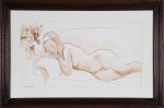 CARLOS LEÃO . "Nú feminino", aquarela, med. 29 x 55 cm. Assinado no CIE. Emoldurado com vidro, med. 48 x 73 cm.