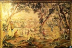 Tapeçaria francesa Gobelin, decorada com paisagem e figuras. Med. 136 x 195 cm