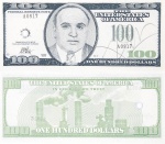 Numismática / Nota - J. Bosco Renaud - One Hundred Dollars, dollar furado, com a face do "Al Capone", 2008, papel moeda, assinada inferior direito, med. 6 x 14 cm.